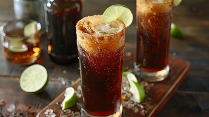 Enjoy a refreshing Mexican michelada made with dark beer and a splash of zesty lime juice - obrazy, fototapety, plakaty