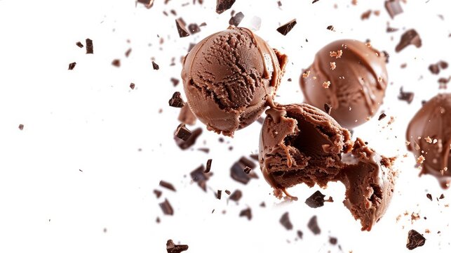 Chocolate ice cream broken into pieces in the air on a white background