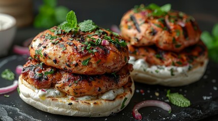   A chicken burger, close-up on a bun, onions and herbs beside Black plate background