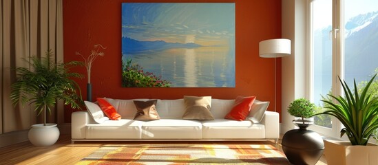 Interior of a living room with a large window and a big painting on a brown wall.