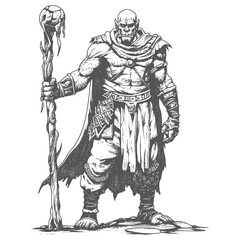 Fototapeta na wymiar orc mage with magical staff full body images using Old engraving style