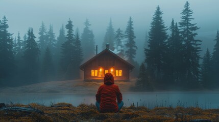   Person sits before cabin, lake shrouded in fog, forest hidden behind misty veil - obrazy, fototapety, plakaty