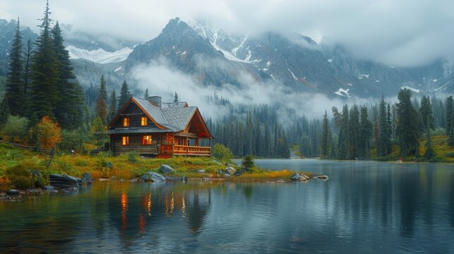   A cabin sits on the lakeshore, facing a mountain range with a foggy sky and low-hanging clouds