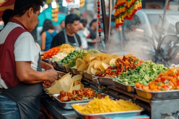 A vendor prepares authentic Mexican cuisine at a vibrant street market stand teeming with fresh ingredients.