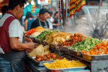 Fototapeta premium A vendor prepares authentic Mexican cuisine at a vibrant street market stand teeming with fresh ingredients.