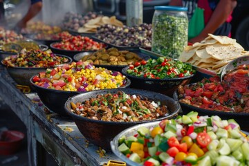 Obraz premium A colorful table overflowing with a vibrant assortment of different types of food from around the world, including Mexican street food.