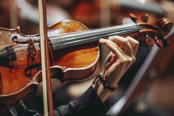 A close up capturing the intricate hand movements of a person immersed in playing a violin, effortlessly creating soul-stirring melodies.