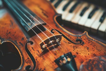 A violin sits elegantly next to a piano keyboard, symbolizing a moment of musical tranquility.