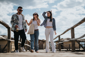 A group of three friends shares laughter and fun on an old wooden bridge, enjoying a bright sunny day together in casual wear.