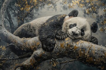 A peaceful painting capturing a panda peacefully sleeping on a tree branch in a serene forest setting.