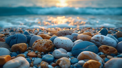 natural elegance of rocks on the beach against a backdrop of deep blue sea, their smooth surfaces and intricate patterns depicted in high resolution cinematic photography. - obrazy, fototapety, plakaty