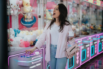 A young adult woman plays a claw machine game in a brightly lit arcade, exuding a sense of fun and relaxation.