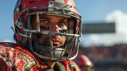 A close up of a player in football gear wearing a helmet