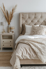 Luxury modern bedroom interior with elegant bedding. Stylish bedroom interior with large bed, pouf and bedside table.