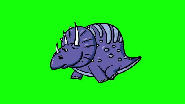 Cartoon dinosaur ceratops walking cycle green screen. Cute 2d hand made prehistoric violet animal character animation good for any use. 