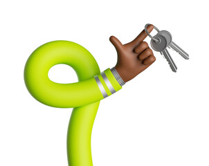 3d render. Funny cartoon flexible dark skin human arm holds keys. Professional real estate agent. Home service clip art. Elastic african hand isolated on white background