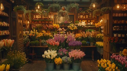   A flower shop brimming with various tulips in buckets and suspended from the ceiling