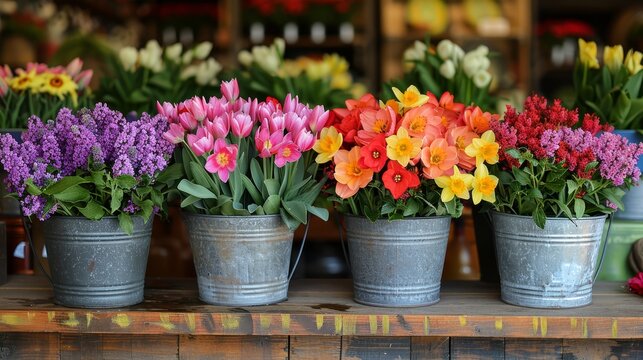   A row of buckets, brimming with colorful flowers, sits atop a weathered wooden table before a storefront window
