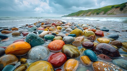 raw beauty of nature with colorful rocks strewn across the shoreline of a remote beach, their...