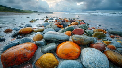 raw beauty of nature with colorful rocks strewn across the shoreline of a remote beach, their...