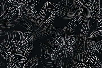 Black and white tropical beautiful line art leaves pattern background illustration. Doodle lines leafy ornamental drawing texture. Decorative botanical drawn leaves backdrop. Vector floral design