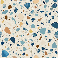 Terrazzo flooring vector seamless pattern. Italian terrazzo mosaic texture. Terrazzo seamless print tile. Concrete, granite, cement terrazo template. Terrazzo Floor material. Particles pebble, glass.