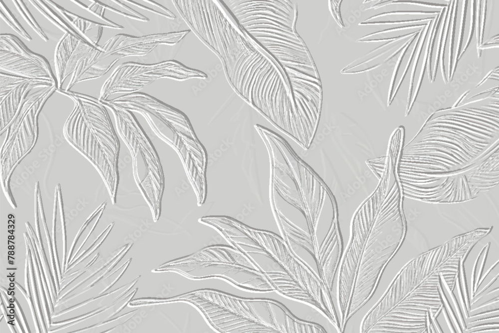 Canvas Prints embossed leafy tropical 3d white background. beautiful floral relief pattern. textured vector backdr