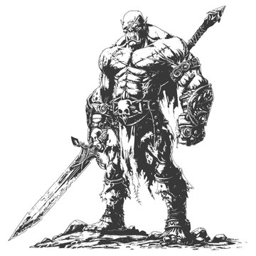 orc warrior with sword full body images using Old engraving style