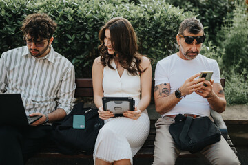 Three business professionals are engaged with their digital devices while sitting on a bench outdoors, depicting modern remote work.