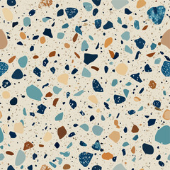 Terrazzo flooring vector seamless pattern. Italian terrazzo mosaic texture. Terrazzo seamless print tile. Concrete, granite, cement terrazo template. Terrazzo Floor material. Particles pebble, glass.