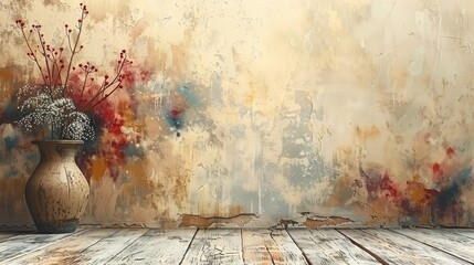   A painting of a vase with flowers on a wooden table, facing a wall decorated with a flower painting - obrazy, fototapety, plakaty