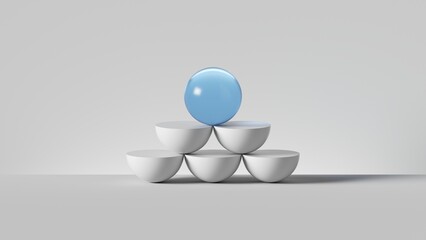 3d render, abstract simple geometric shapes isolated on white background. Blue glass ball placed on top of pyramid, rows of white hemispheres. Balance concept. Success metaphor. Modern minimal design