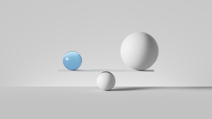 3d render, balancing balls placed on scales or weigher, isolated on white background. Simple geometric shapes. Balance metaphor. Modern minimalist concept