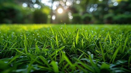 Grass, closeup and bokeh in nature at field outdoor in the countryside in Switzerland. Lawn, park and water dew at garden with green plants for ecology, environment and summer landscape on background