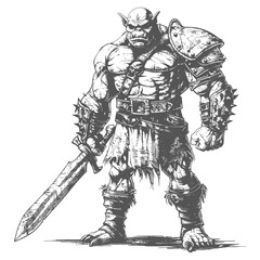 Fototapeta na wymiar orc warrior with sword full body images using Old engraving style