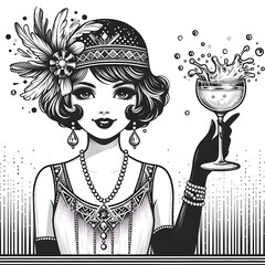 Flapper girl holding cocktail glass with splash. Art deco, 1920 s style vintage invitation template design for drink list, bar menu, glamour event, wedding, jazz party flyer. Vector art.