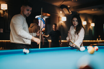 Group of young adults having fun playing billiards together in a relaxed, recreational setting at night.