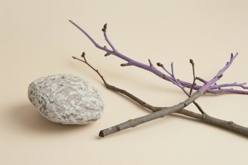 minimalism background. Branch, stone. Violet. Beige. rest. Banner. Asian style, Japanese