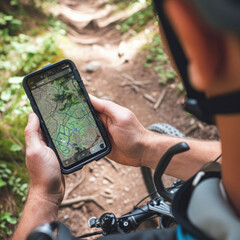 Cyclist in the woods on a mountain bike. See the route in your phone.