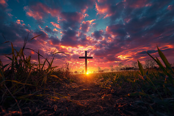 Obraz premium Sunset Behind Silhouetted Cross in Field