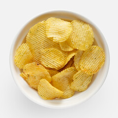 potato chips in a white plate, top view, light background