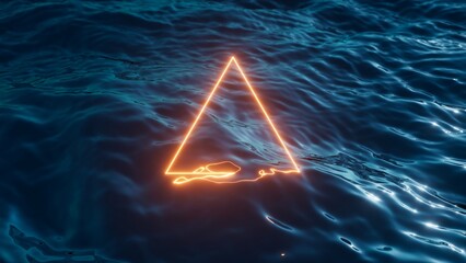 3d render of a neon yellow triangle frame placed over the dark blue ocean surface. Simple geometric wallpaper, abstract background