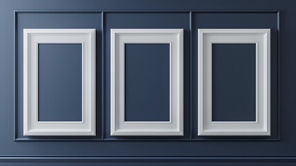 versatility of white blank frames against a classic navy blue background, their clean aesthetic and modern flair captured in realistic 8k full ultra HD detail.