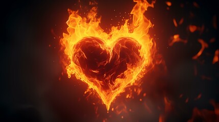 Burning heart on a dark background. 3d rendering, toned image