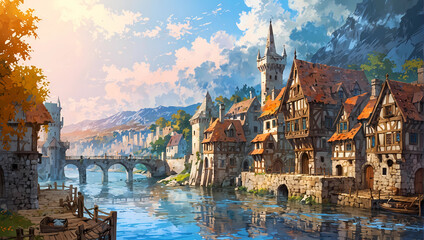 medieval European river fairy tale  town illustration painting