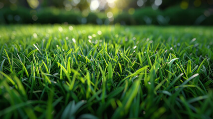 Grass, closeup and bokeh in nature outdoor at field in the countryside in Switzerland on background. Lawn, park and garden with green plants for ecology, environment and light on summer landscape