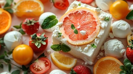   A tight shot of oranges, strawberries, mozzarella, and other fruits against a pristine white background