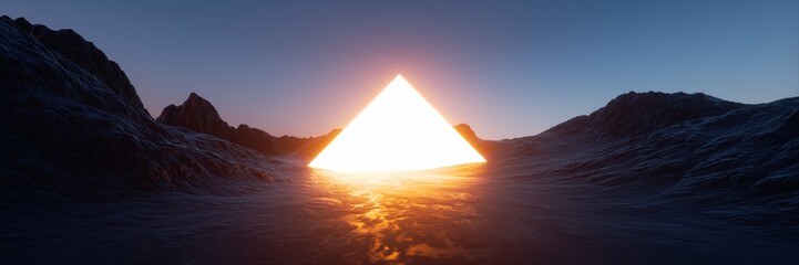 3d render. Fantasy landscape of black rocky mountains and triangle of light. Abstract panoramic background. Esoteric zen wallpaper