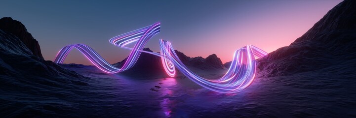 3d render. Surreal fantasy landscape under the sunset sky. Abstract panoramic background. Rocky mountains and glowing neon dynamic lines in motion. Flowing energy concept