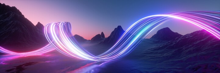 Naklejka premium 3d render. Surreal fantasy landscape under the sunset sky. Abstract panoramic background. Rocky mountains and glowing neon lines in motion. Floating energy concept